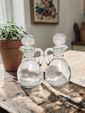 Vintage Pair Clear Glass Cruet Bottles with Ball Stoppers Mexico Bottom Engraved
